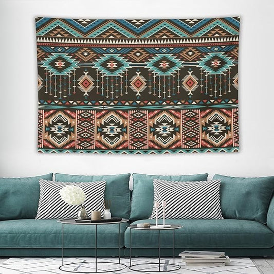 HZOHNAGO Aztec Tapestry Turquoise Blue and Brown and Native American Tribal Pattern Printed Wall Tapestry Wall Hanging for Bedroom Living Room Dorm 90" W x 60" H