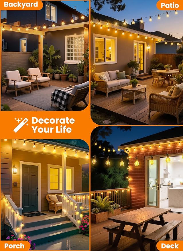 Outdoor-String-Lights-Paio-Lights, 100FT (50FT*2) 50+2 Shatterproof Bulbs Outdoor Patio Lights, IP65 Waterproof Connectable Hanging Outside Light for Backyard, Porch, Deck, Balcony, 2200K