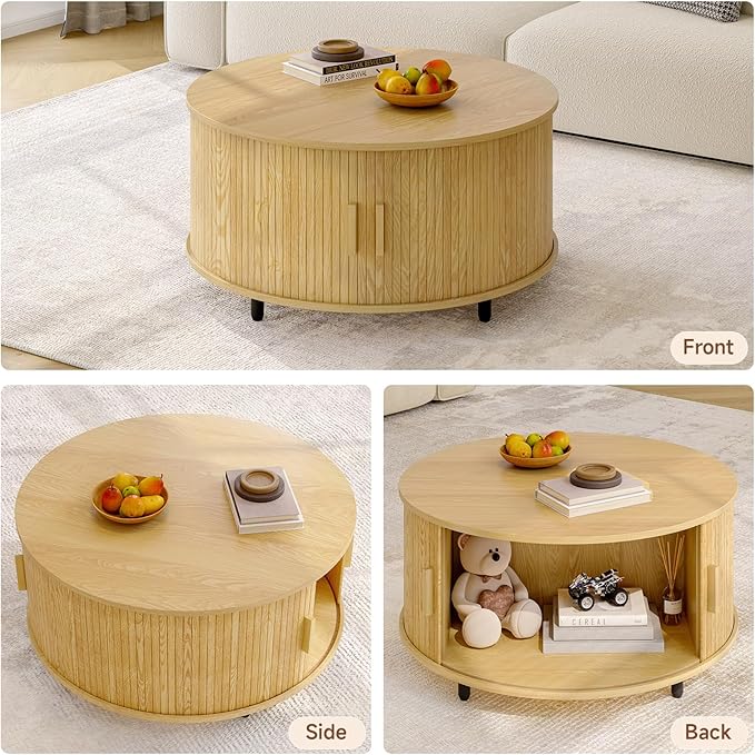 Round Coffee Table with Storage, 31.5" Modern Coffee Table with 360° Curved Sliding Door, Fluted Wood Accent Coffee Table with Adjustable Footpads, Round Center Table for Living Room, Oak