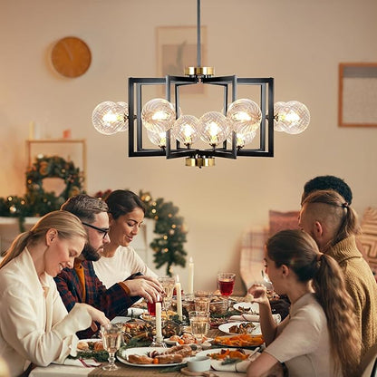12 Light Black Farmhouse Chandelier Geometric Metal Dining Room Light Fixture Height Adjustable Black Chandeliers for Dining Room Clear Glass Farmhouse Industrial Pendant Lights for Bedroom, Entryway