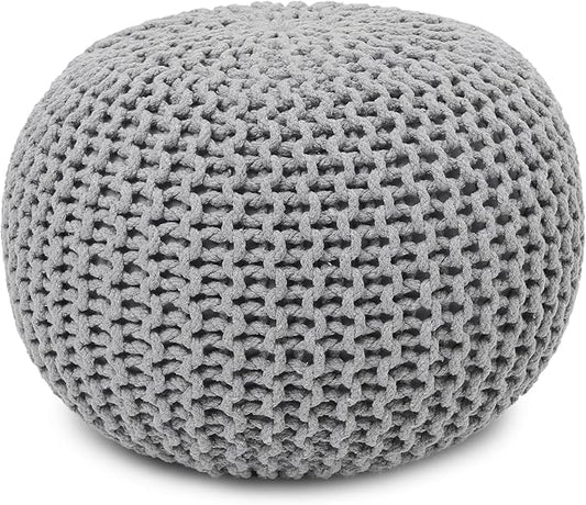 REDEARTH Round Boho Pouf Ottoman - Cable Knitted Cord Boho Pouffe - Stuffed Poof Accent Beanbag Footrest for Living Room - Nursery - Bedroom - Covered Patio - Study Nook (19.5"x19.5"x14") - Gray