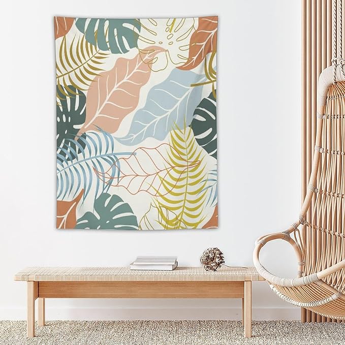 ICMOLYYENLO Boho Green Leaves Tapestry, Mid Century Abstract Tropical Palm Leaves Modern Minimalist Geometric Wall Hanging, Neutral Home Decor Art for Living Room Bedroom Dorm 60x80 Inch