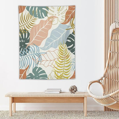 ICMOLYYENLO Boho Green Leaves Tapestry, Mid Century Abstract Tropical Palm Leaves Modern Minimalist Geometric Wall Hanging, Neutral Home Decor Art for Living Room Bedroom Dorm 40x60 Inch