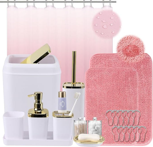 24Pcs White Bathroom Set with Shower Curtain and Rug and Accessories, White Bathroom Accessories with Trash Can,Soap Dispenser,Soap Dish,Toilet Brush,Toothbrush Holder and Cup,Q-Tip Holders