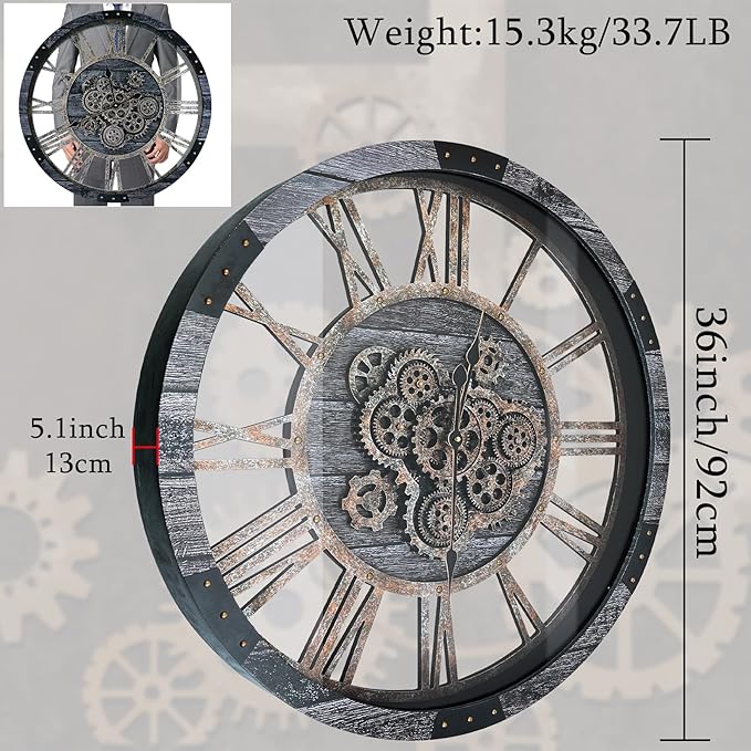 36 Inch Moving Gear Wall Clock, Oversized Wall Clocks, Clock Living Room Decor, Solid Wood Frame, Battery Operated, Large Wall Clock with Steampunk Industrial for Fireplace(Gray)