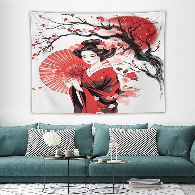 Japanese Red Geisha Tapestry Asian Cherry Blossom Traditional Kimono Folk Tapestries Home Decor for Living Room Bedroom Apartment Farmhouse Dorm 80"x60"