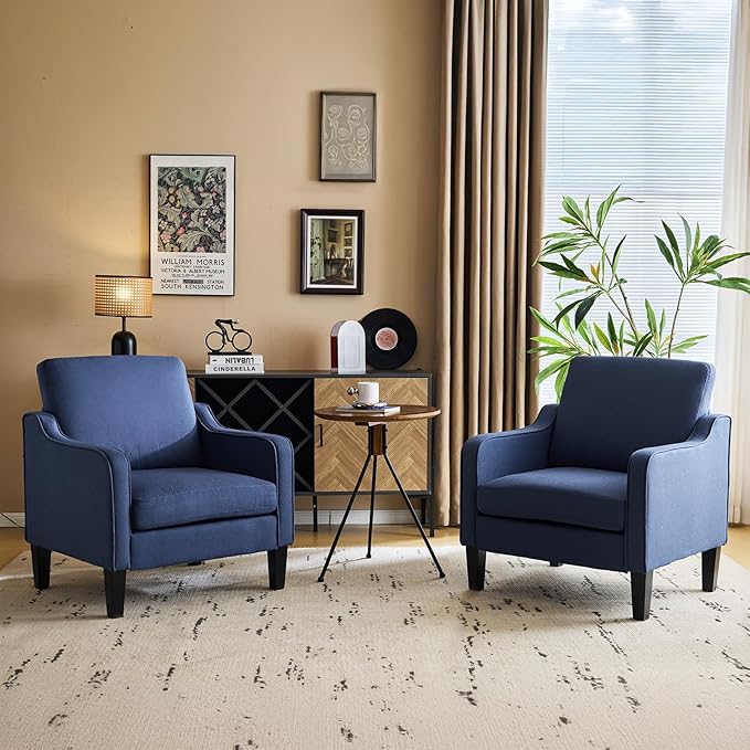 VINGLI Mid Century Modern Accent Chair, Navy Blue Fabric Accent Chairs for Living Room, Upholstered Armchair with Scooped Arms for Bedroom, Apartment, Studio, Office, Waiting Room