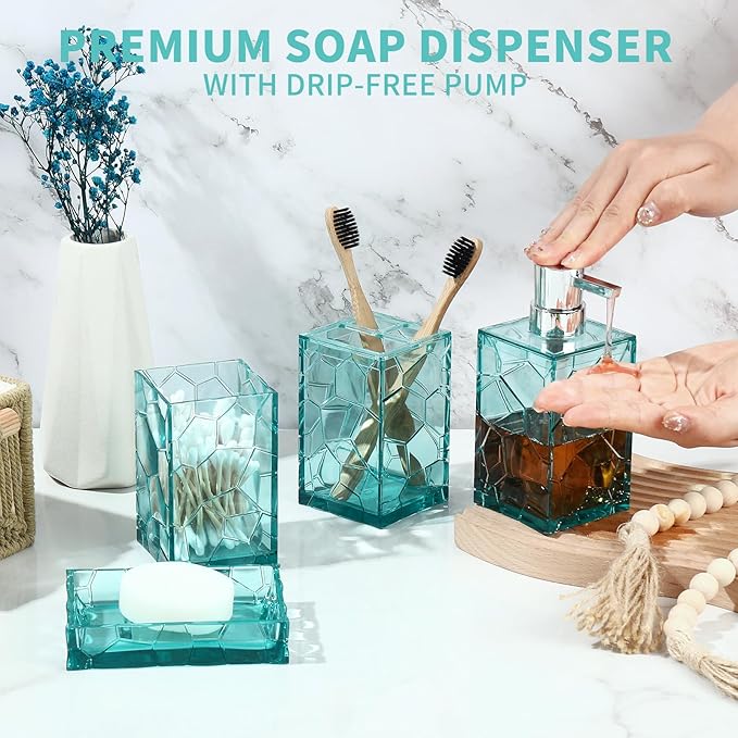 Teal Blue Beach Bathroom Accessories Set with Toothbrush Holder, Soap Dispenser, Tumbler, Soap Dish, Turquoise Bathroom Decor,Acrylic (Teal-4pcs)