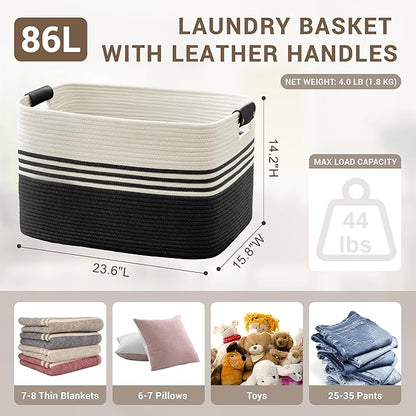86L Extra Large Laundry Basket with Leather Handles for Living Room Storage, Woven Rope Baskets for Blanket, Kids Toy, Gifts, Wicker Hamper for Bedroom Dirty Clothes, 24"x16"x14" White Black