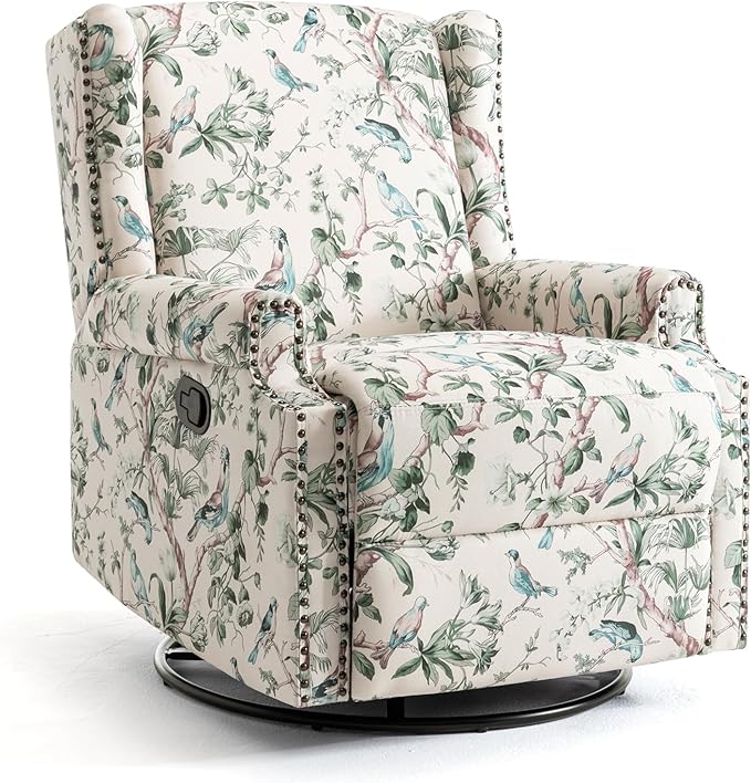 UIXE Swivel Rocker Manual Recliner Chair, Wingback Swivel Glider Fabric Nursery Reclining Sofa Chair, High Back Upholstered Arm Chair for Living Room Bedroom - Bird Pattern