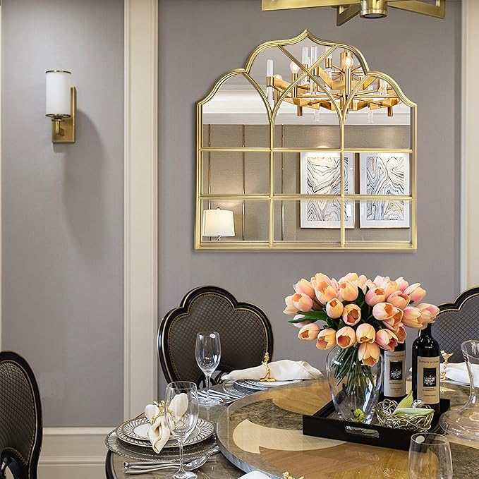 Window Mirror Pane Scalloped, Wide Arched Gold Mirrors Decorative, Cathedral Arch Wall Decor with Metal Windowpane Grid for Mantle Entryway Fireplace Hallway Living Room