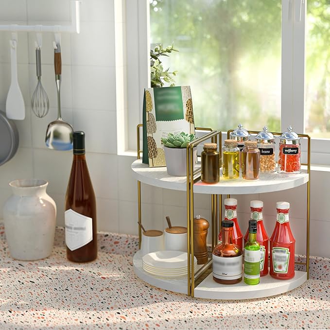 2 Pack Bathroom Counter Organizer, 2 Tier Corner Bathroom Counter Organizer Wooden Vanity Organizers for Bathroom Organizers and Kitchen Storage Dresser Decoration