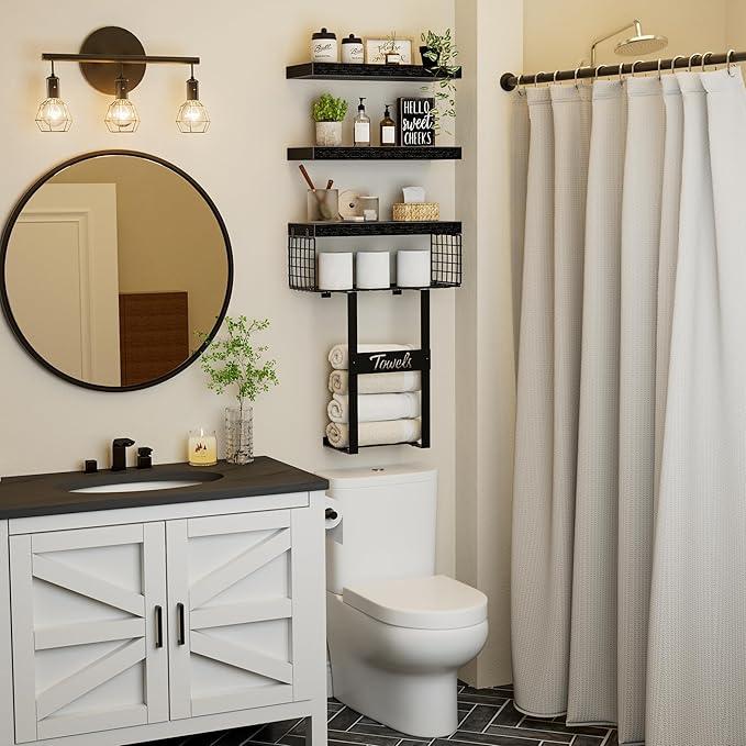 Bathroom Shelves Over Toilet - Floating Shelf for Wall Above Toilet Towels Holder Small Farmhouse Decor Shelves (15.7 inch, Set of 3, Black)