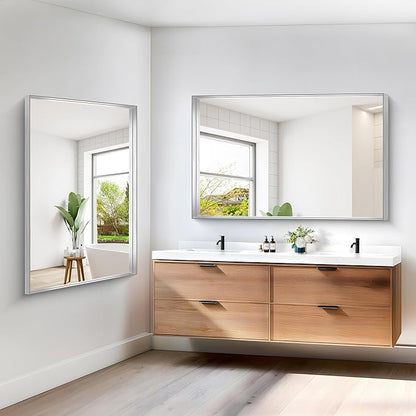 Silver Bathroom Mirror, 36x55 Inch Rectangular Deep Frame Mirror, Large Wall Mounted Bathroom Vanity Mirror Over Sink for Bedroom,Restroom, Living Room, Hangs Vertically or Horizontally