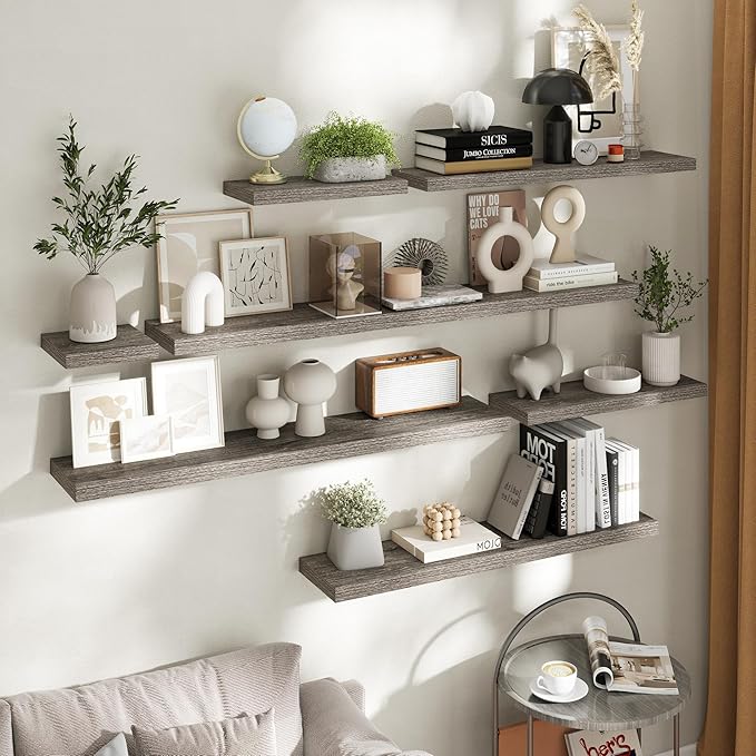 24 Inch Floating Shelves for Wall Set of 2, 8"D Wood Grain Bathroom Shelves with Invisible Brackets, Easy Install Engineered Wood Storage Shelves for Kitchen, Living Room, Bedroom, Grey Oak Finish