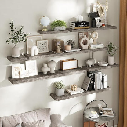 36 Inch Floating Shelves for Wall Set of 2, 8"D Wood Grain Bathroom Shelves with Invisible Brackets, Easy Install Engineered Wood Storage Shelves for Kitchen, Living Room, Bedroom, Grey Oak Finish
