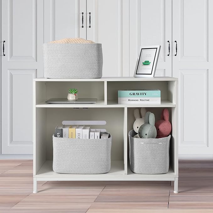 Cotton Rope storage Basket Bins Woven Basket for Organizing Shelves 14.5X9.5X9.3“ Rectangle Decorative Baskets For storage Clothes Toys Books Towels Square Wicker Nursery basket organizer 3 pack grey