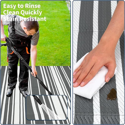 Waterproof Outdoor Rug 8x10 Contemporary Reversible Plastic Straw Rug, Easy Cleaning Striped Patio Carpet, UV-Resistant Indoor Outdoor Floor Cover for RV, Porch, Deck, Backyard, Grey