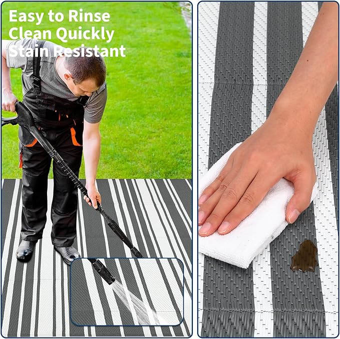 Outdoor Plastic Straw Rug 9x18 Waterproof Outside Rug, Large Modern Striped Reversible Floor Mats, Foldable & Lightweight Camping Carpet for Patio, Porch, Deck, Backyard, Balcony, Grey
