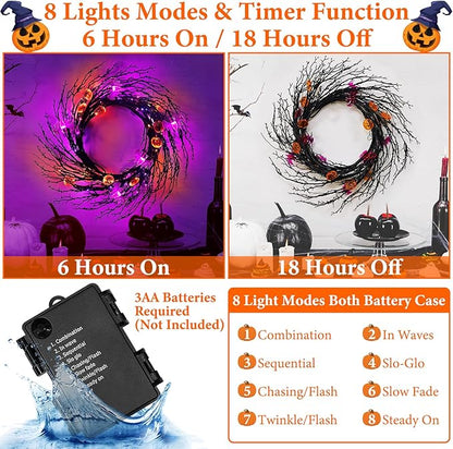 7 Ft 63 LED Halloween Willow Vine Twig Garland with 8 Modes Timer Orange Purple 21 Pumpkin Bats Lights,Halloween Garland with Waterproof Battery Operated for Indoor Wall Fireplace Decorations