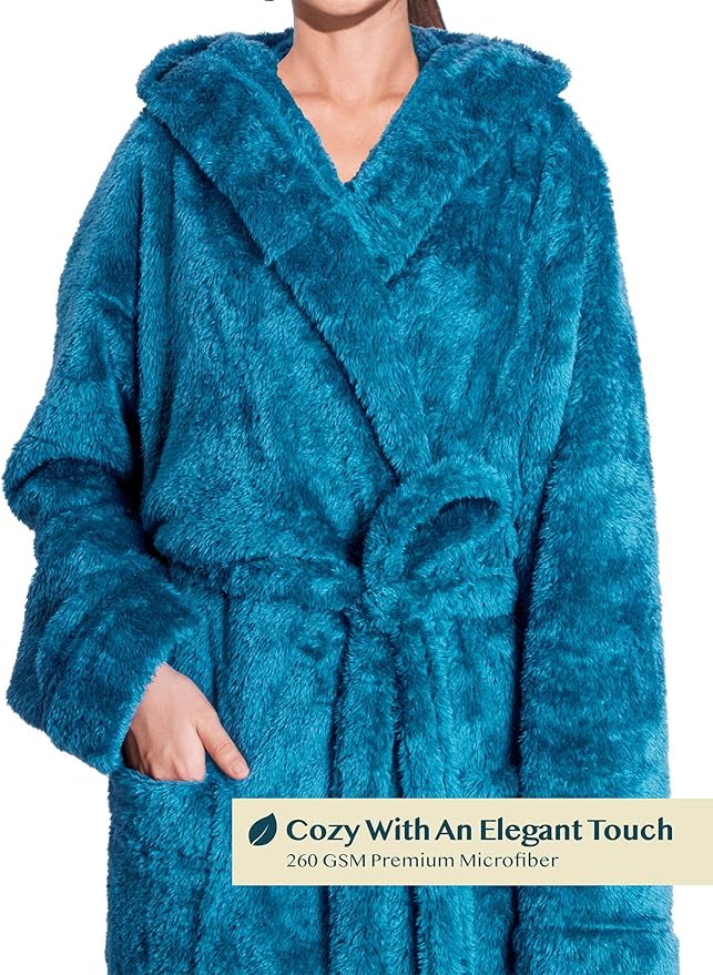 PAVILIA Women Hooded Plush Soft Robe | Fluffy Warm Fleece Sherpa Shaggy Bathrobe
