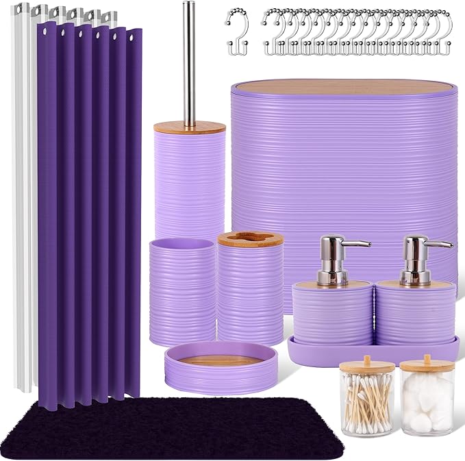 Purple Bathroom Set, 25 PCS Bathroom Accessories Set with Shower Curtains, Rugs, Trash Can, Toothbrush Holder, Soap Dispensers, Toothbrush Cup, Vanity Tray, Soap Dish, Toilet Brush, Qtip Holders