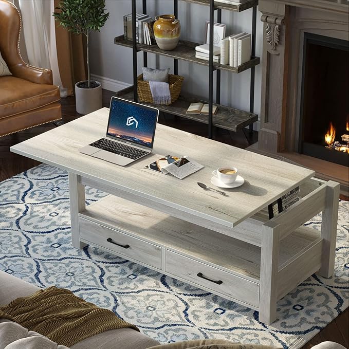Rolanstar Coffee Table, Lift Top Coffee Table with Drawers and Hidden Compartment, Living Room Table with Wooden Lift Tabletop, for Living Room, Grey