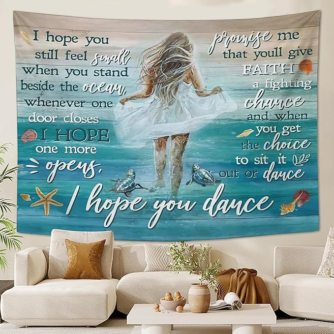 Coastal Beach Tapestry I Hope You Dance Tapestry Wall Hanging for Bedroom Sea Turtle Tapestries Aesthetic Wall Decor for Home Dorm Living Room 60"x90"