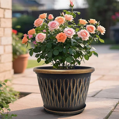 4 Pack 12 Inch Retro Plant Pots, Vintage Striped Flower Pots with Drainage Hole & Saucer, Large Plastic Planters for Indoor and Outdoor Plants, Decorative Garden Pots(Gold)