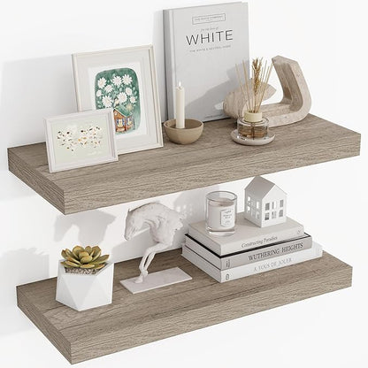 24 Inch Floating Shelves, 3D Textured Wood Grain, 24"x9.25"x1.5" Inch Deep Floating Shelves for Wall, Wooden Shelves for Bathroom, Bedroom, Living Room, Vintage Gray Oak, 2 Pieces