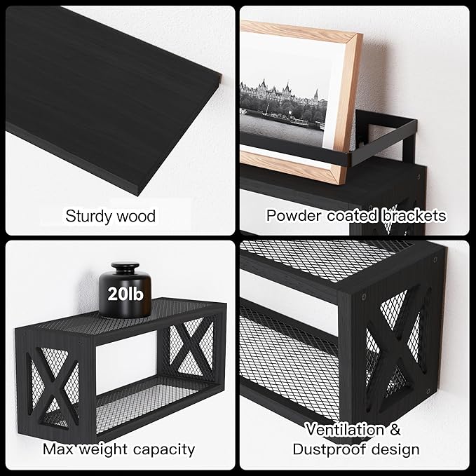 RICHER HOUSE Floating Shelves with Guardrail, Rustic Wood Shelves for Wall Décor, Farmhouse Bathroom Accessories Wall Mounted, Bathroom Wall Organizer over Toilet Storage, Kitchen, Living Room - Black