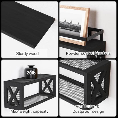 RICHER HOUSE Floating Shelves with Guardrail, Rustic Wood Shelves for Wall Décor, Farmhouse Bathroom Accessories Wall Mounted, Bathroom Wall Organizer over Toilet Storage, Kitchen, Living Room - Black
