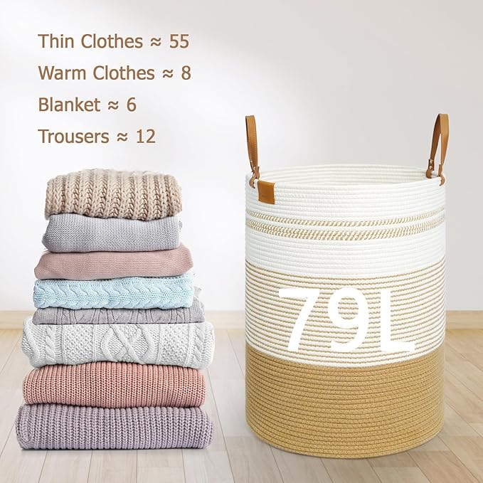 danpinera 79L Laundry Hamper Basket, Tall Round Dirty Clothes Hamper with Handle, Woven Storage Basket for Blanket, Toy, Pillow, Blanket Bin for Living Room, Nursery Room Gradient Jute