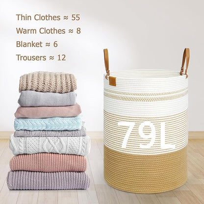 danpinera 79L Laundry Hamper Basket, Tall Round Dirty Clothes Hamper with Handle, Woven Storage Basket for Blanket, Toy, Pillow, Blanket Bin for Living Room, Nursery Room Gradient Jute