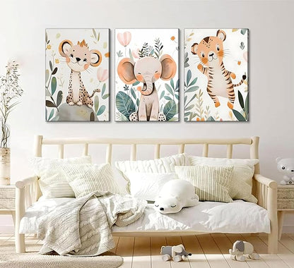 3 Pcs Safari Animals Nursery Canvas Wall Art Jungle Animals Cheetah Elephant Tiger Kids Room Illustration Pictures Wall Decor Posters Print Artwork for Classroom Boy's Girl's Room Bedroom