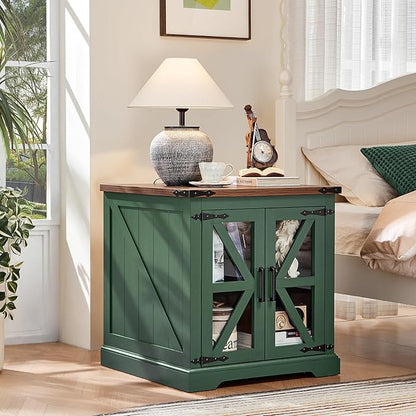 24" End Table with Charging Station, Farmhouse Night Stand with Glass Barn Door, Green Nightstands with Adjustable Storage Shelf, Large Wood Square Bed Side Table for Living Room, Bedroom