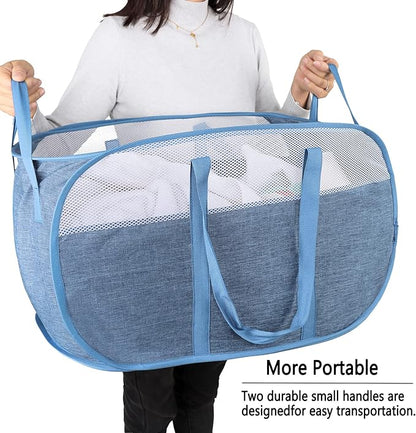 Pop Up Laundry Hamper，with Durable Handles collapsible laundry basket，Easy to Open and Fold for college Dorm,kids room，travel (Blue)…