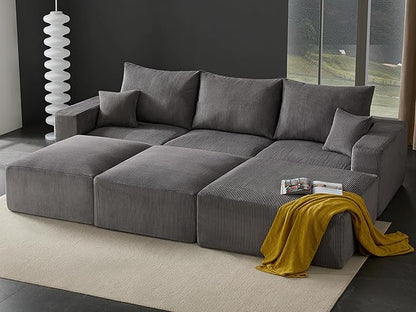 Boneless Sectional Cloud Couch Sofa Bed for Living Room, 112" Modular Modern Lounge 3 Seater Sleeper Grey Couches with Chaise, No Assemble, Cordury Compression Upholstered Sofas