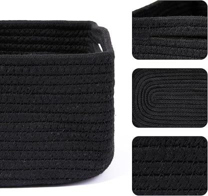Small Storage Baskets for Organizing | Closet Organizer Bins | Shelf Toy Basket | Woven Rope Baskets | Cube Decorative Box | Shallow Basket | 13x8.5x5.1” | 4 Packs Black