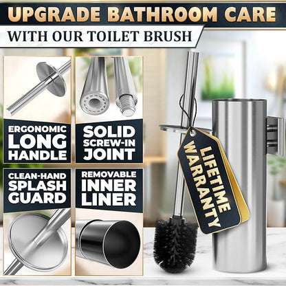 Silver Modern Toilet Brush and Holder Set with Wall Mount - Stainless Steel Toilet Brush with Holder - Removable Inner Bowl, Shiny Design, Splash Protection & Dense Bristles for Bathroom Cleaning