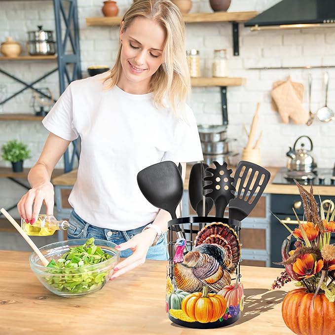 Thanksgiving Turkey Utensil Holder, Thanksgiving Turkey Pumpkin Kitchen Decor Utensil Organizer for Countertop, Fall Metal Cooking Tools Farmhouse Counter Decor, Kitchen Gifts Utensil Caddy Harvest