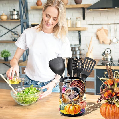 Thanksgiving Turkey Utensil Holder, Thanksgiving Turkey Pumpkin Kitchen Decor Utensil Organizer for Countertop, Fall Metal Cooking Tools Farmhouse Counter Decor, Kitchen Gifts Utensil Caddy Harvest