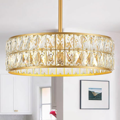 16” 4-Light Modern Crystal Chandeliers Gold Dinning Room Light Fixture, Round Pendant Light Kitchen Island Chandelier, Flush Mount Ceiling Light for Living Room Entryway Bedroom Foyer