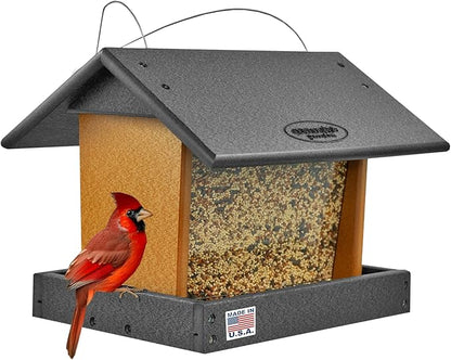Poly Hanging Hopper Bird Feeder, Large Hanging Bird Feeder for Outside, Outdoors - Amish American Made (Black & Cedar)