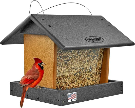 Poly Hanging Hopper Bird Feeder, Large Hanging Bird Feeder for Outside, Outdoors - Amish American Made (Black & Cedar)