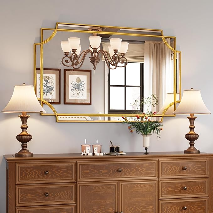 Kelly Miller Large Gold Mirror for Wall, 30"x46" Gold Bathroom Mirror Vanity Mirror Decorative Mirror Scalloped Beveled Mirror for Master Bath Half Bath Living Room Bedroom Farmhouse Fireplace Hallway