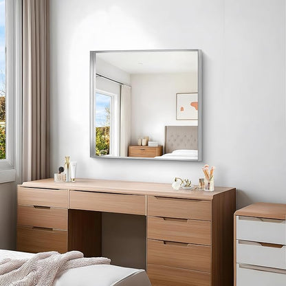 Silver Bathroom Mirror, 30x30 Inch Rectangular Framed Mirror, Large Wall Mounted Bathroom Vanity Mirror Over Sink for Bedroom,Restroom, Living Room, Hangs Vertically or Horizontally