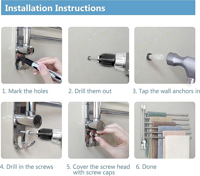 Towel Rack Wall Mounted JSVER Bathroom Towel Rack, Space Saving Towel Holder, 13.4 Inches Swivel SUS304 Stainless Steel Towel Bar, 180° Rotation 6 Arms Towel Racks for Bathroom