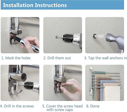 Towel Rack Wall Mounted JSVER Bathroom Towel Rack, Space Saving Towel Holder, 13.4 Inches Swivel SUS304 Stainless Steel Towel Bar, 180° Rotation 6 Arms Towel Racks for Bathroom