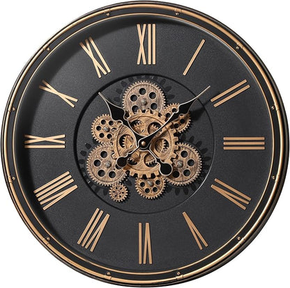 Maxstar Large Moving Gear Wall Clock,20" Vintage Mechanical Battery Operated Industrial Wall Clocks for Farmhouse Living Room,Home Office, Dinning Room, Kitchen, Steampunk Decor-Gold,Roman Numeral